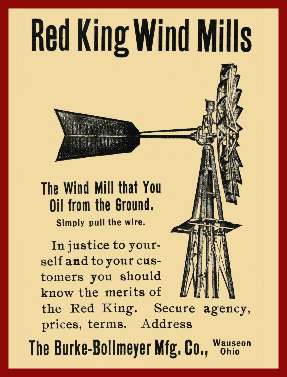 1905 Burke-Bollmeyer Co. NEW Metal Sign: Red King Wind Mills – Wauseon, OhiO
