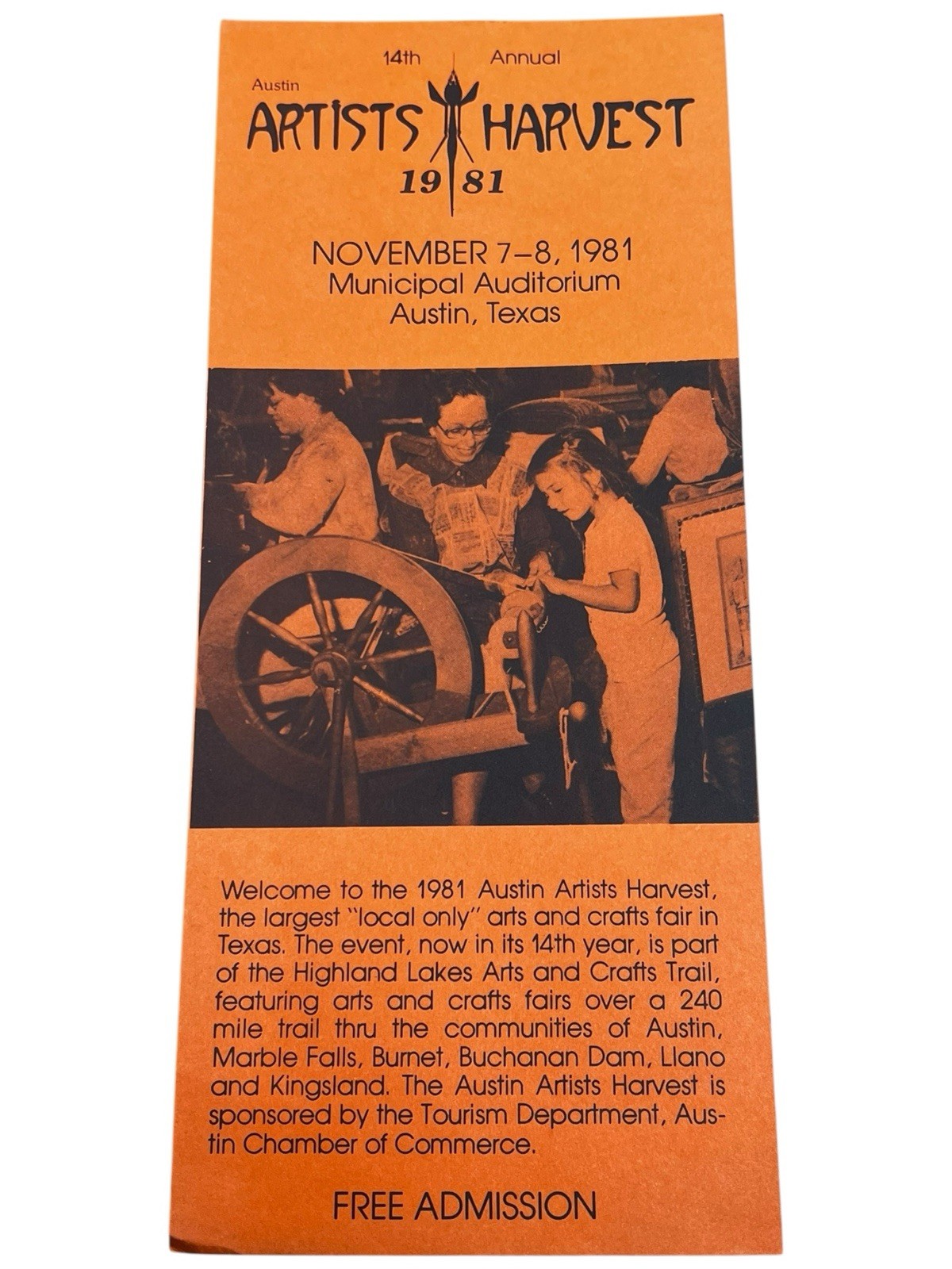 Artists Harvest 1981 Austin Texas Orange Brochure Flyer Advertising