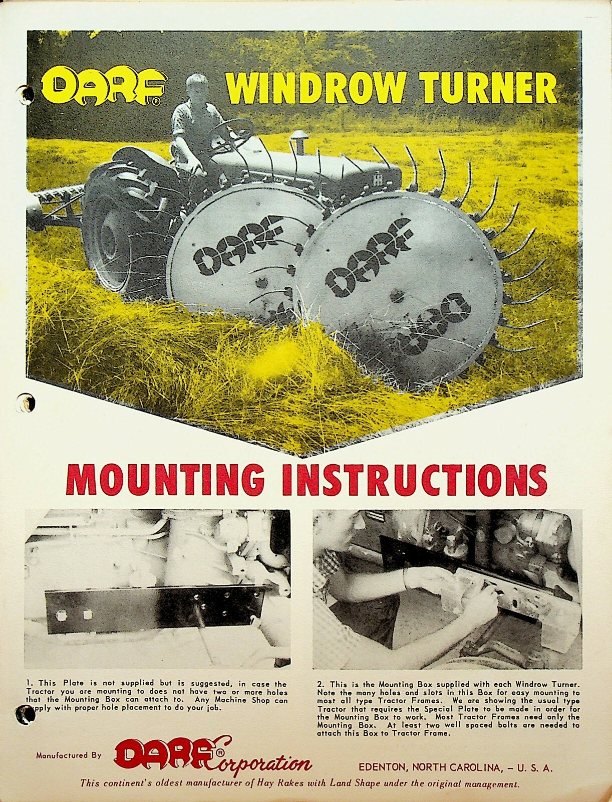 Darf Windrow Turner Brochure Mounting Instructions on Tractor Edenton NC