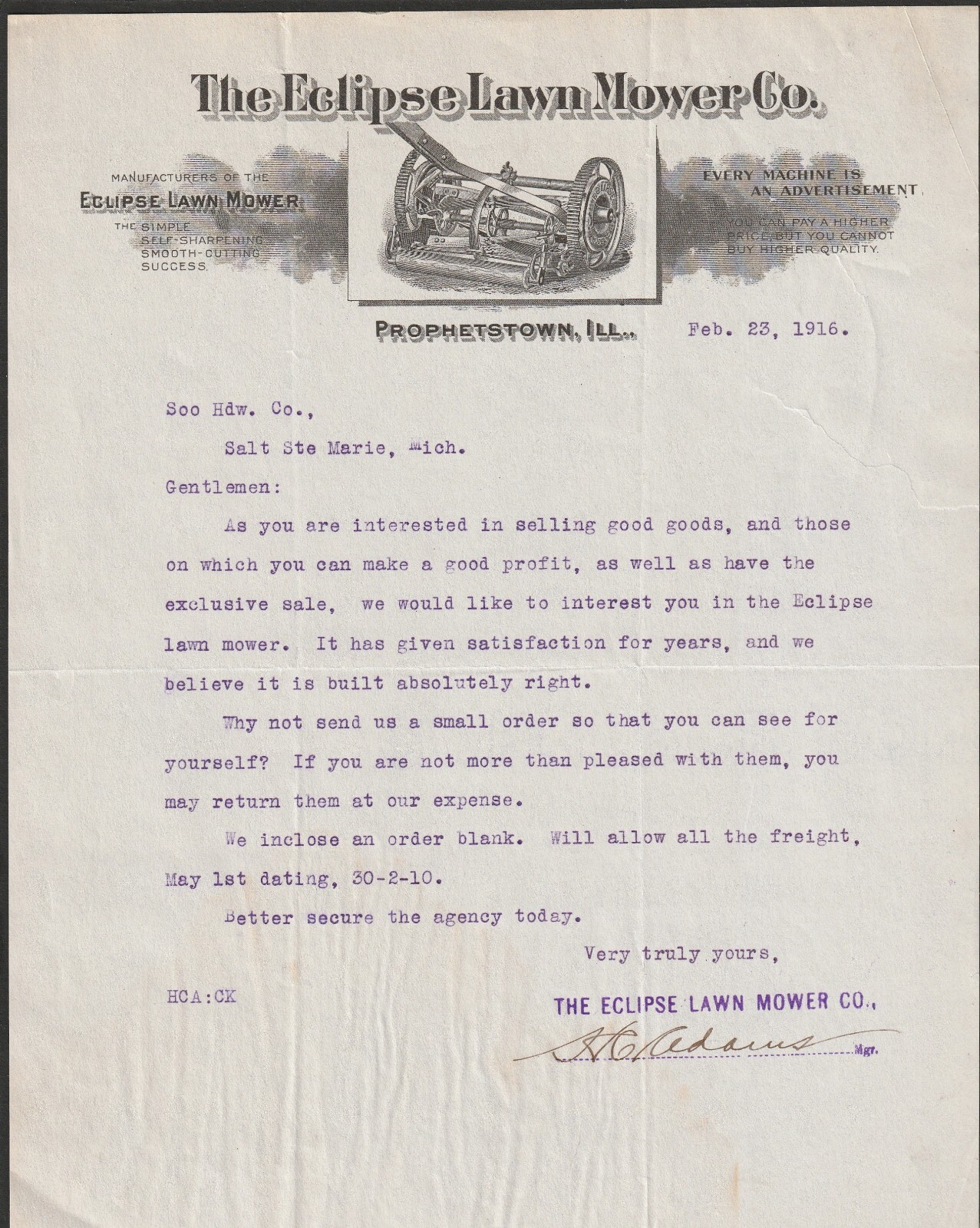 RARE Letterhead Billhead – Eclipse Lawn Mower reel- 1916 Prophetstown IL Graphic