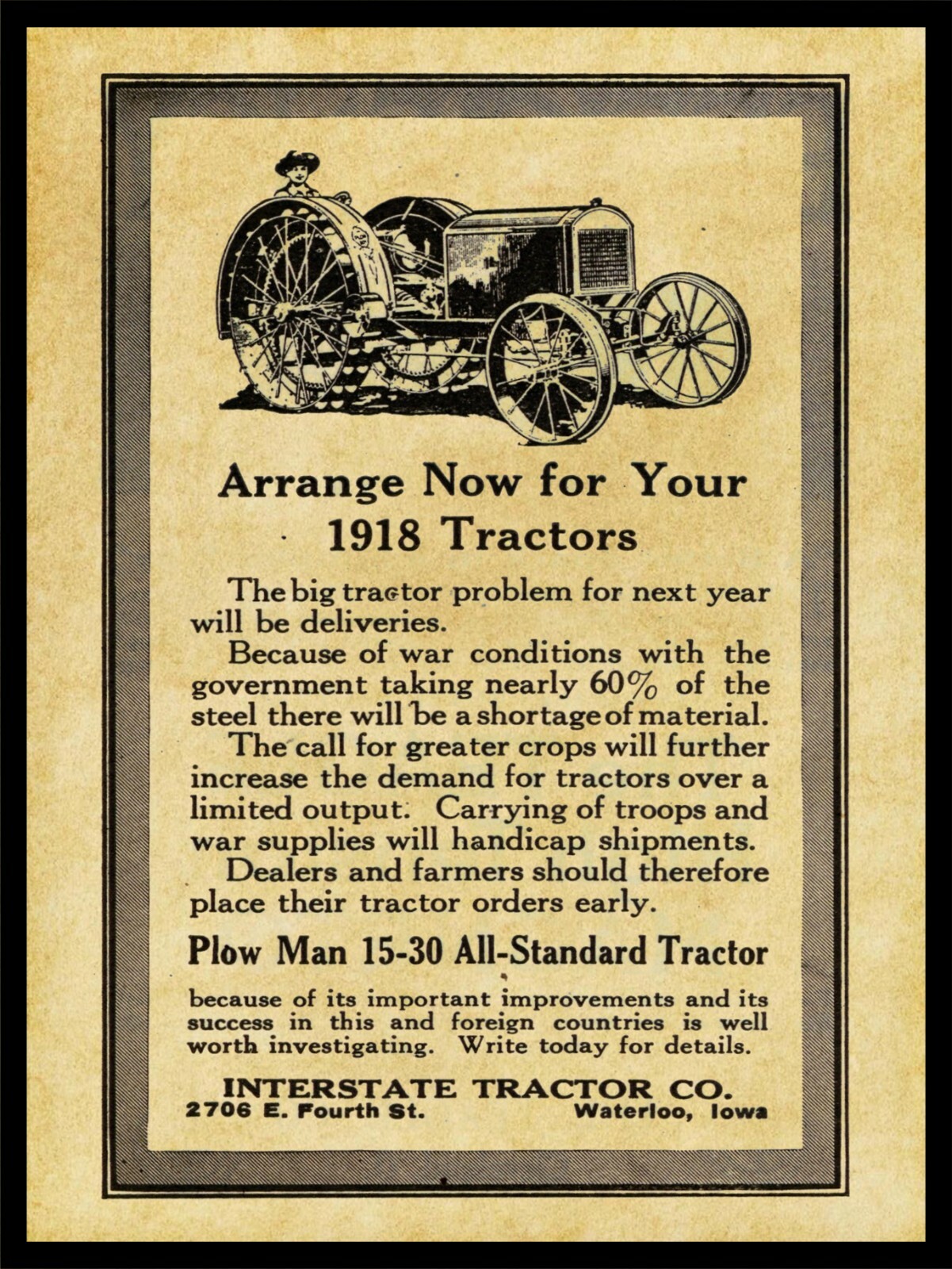 1917 Interstate Tractors, Waterloo Iowa NEW Metal Sign – 24&Prime; x 30&Prime; STEEL – 7lbs.