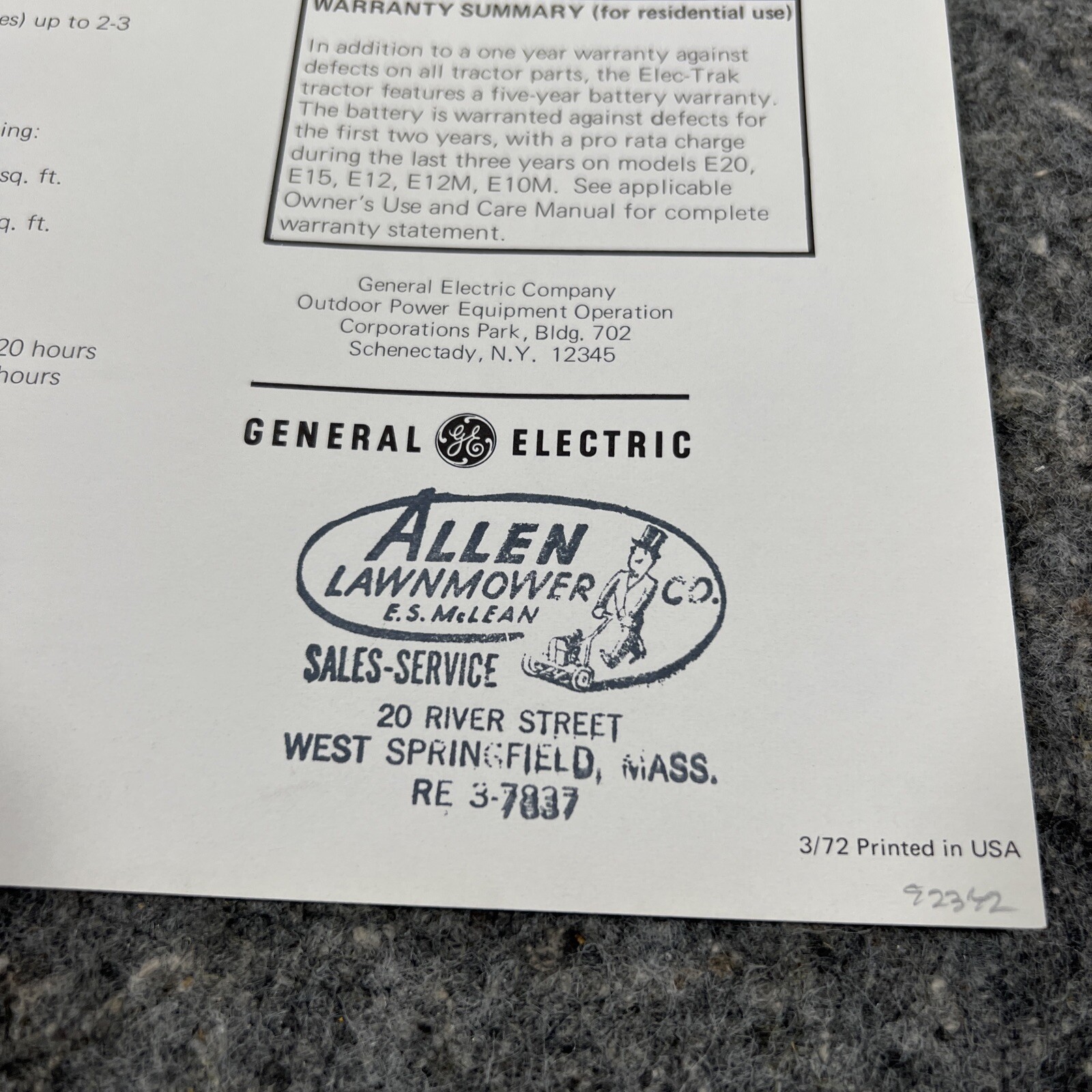 G.E Elec-Trak Lawn Garden Tractor E15 Facts Brochure