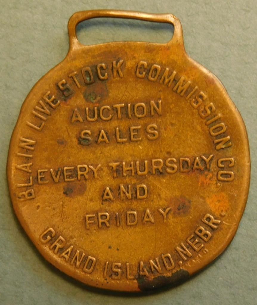 Blain Livestock Commission Grand Island NE Porcelain Watch Fob Sh.1A-2-6-#98
