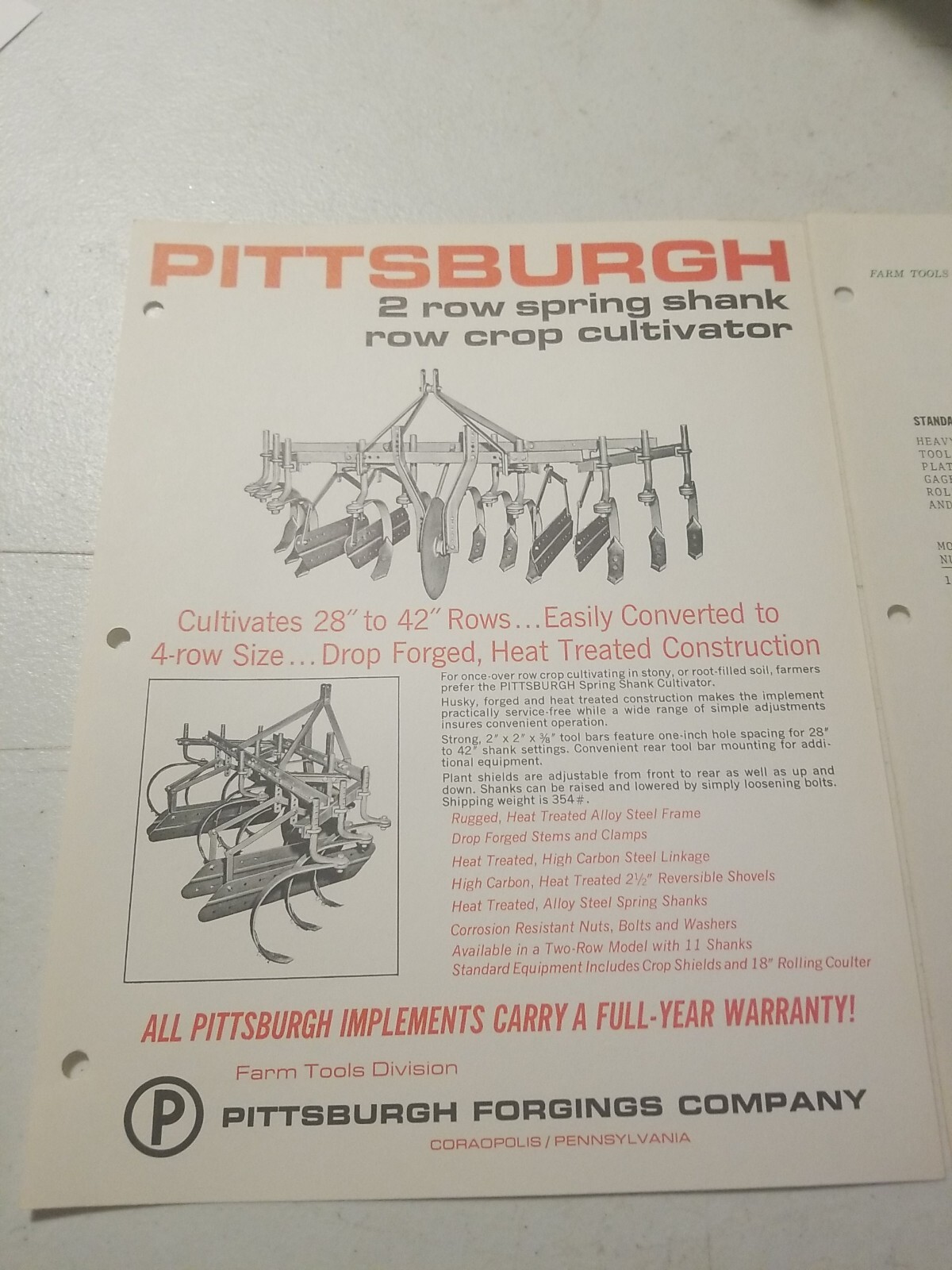 1970 PITTSBURGH FORGINGS CO. 2 ROW SPRING SHANK CULTIVATOR BROCHURE &PRICE LIST