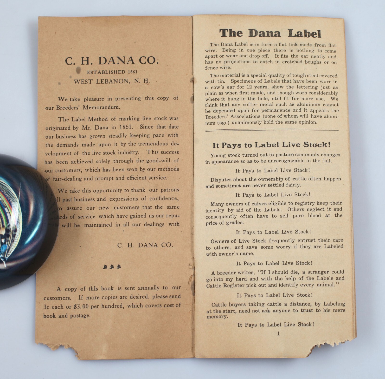 Vintage C.H. Dana Breeders Memorandum Catalog Stock Supplies Cattle Tags c. 1900