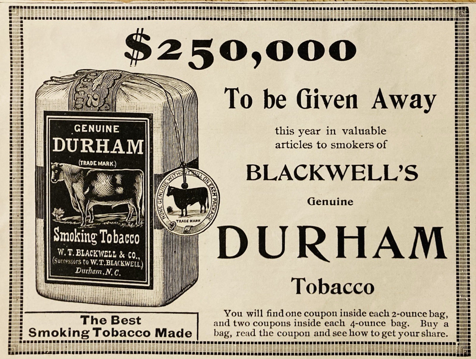 1896 AD.(PC10)~W.T. BLACKWELL CO. DURHAM, NC. DURHAM SMOKING TOBACCO