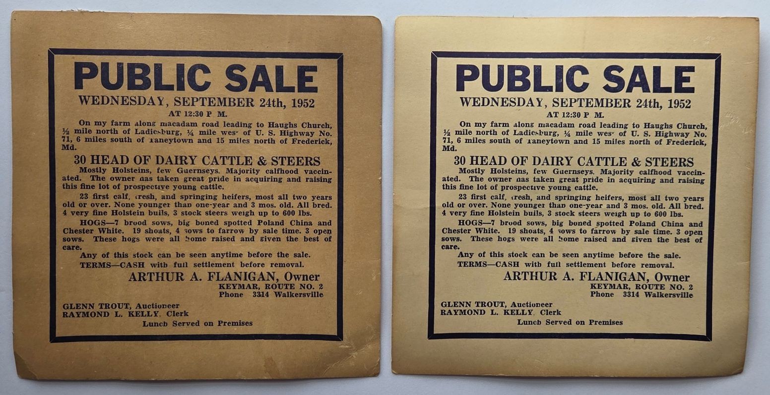 Public Farm Sale Advertising Cards Qty 2 Sept. 24, 1952 Arthur A. Flanigan