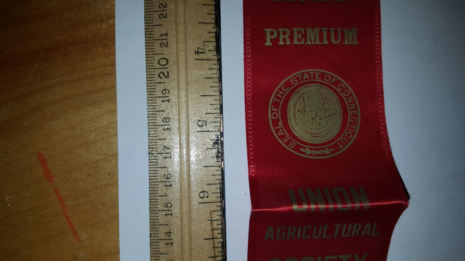 VINTAGE CONNECTICUT RIBBON Union Agricultural Society SECOND PREMIUM
