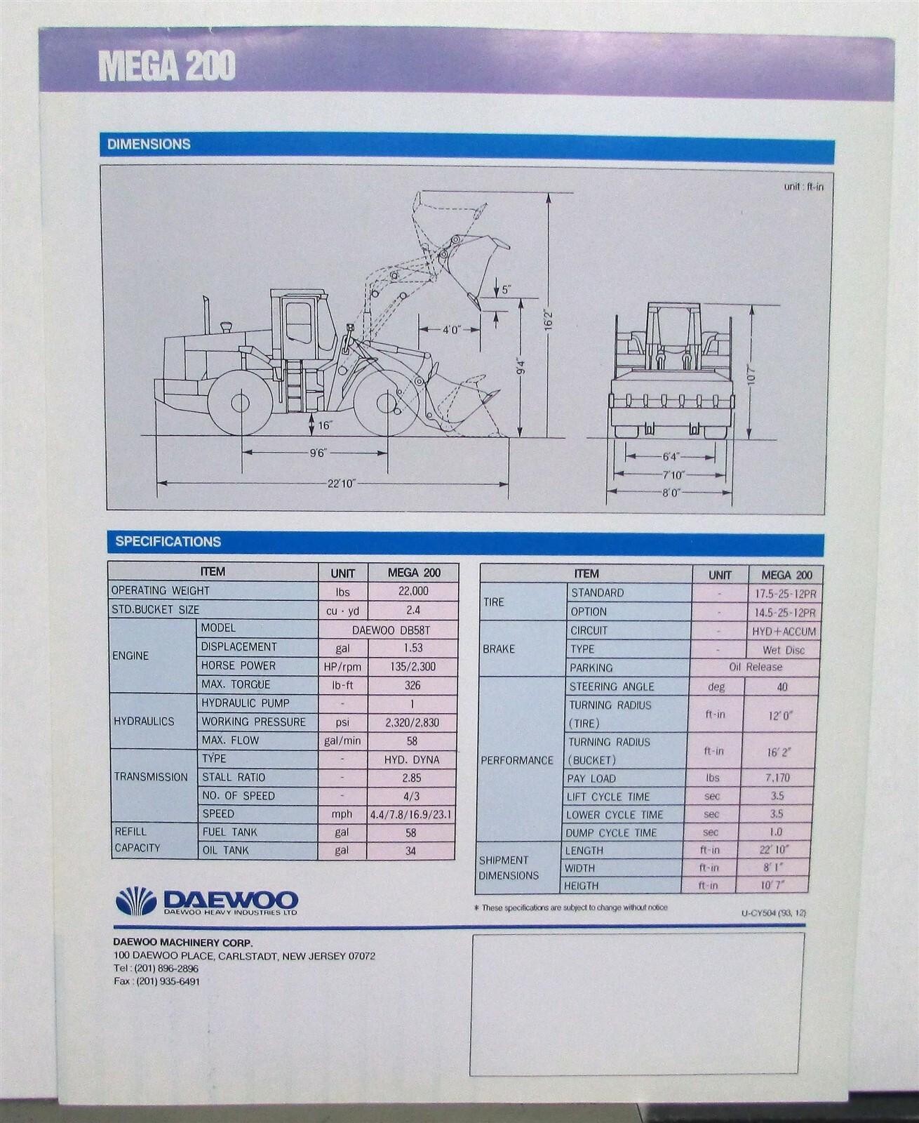 1990s Daewoo Mega 200 Wheel Loader Specification Construction Sales Data Sheet