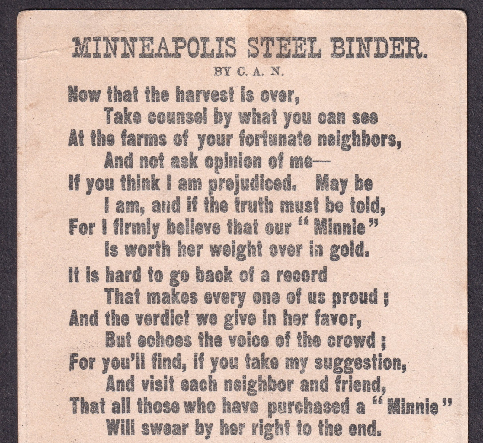 Antique Minneapolis Steel Binder 1880&rsquo;s Minnie Farm Poem Advertising Trade Card