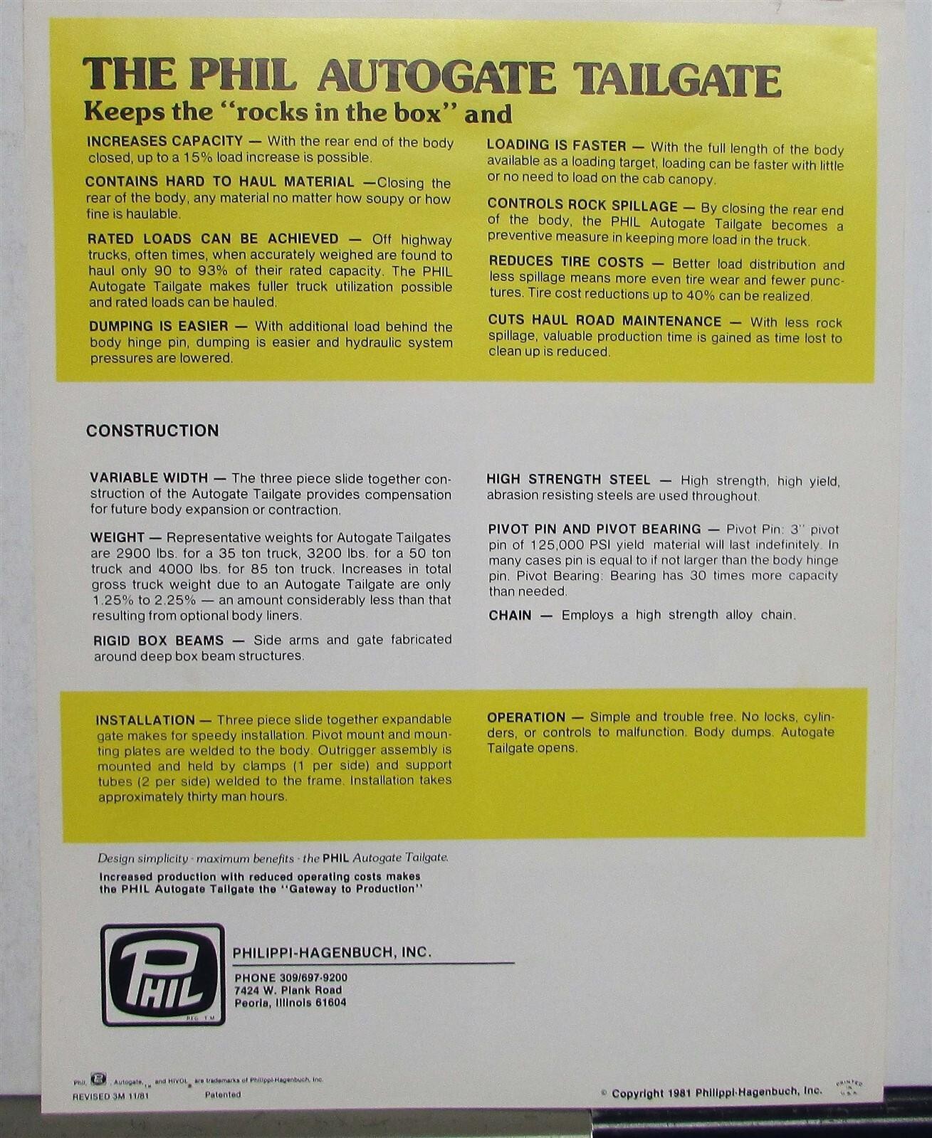 1982 Philippi-Hagenbuch Autogate Tailgate Specifications Sales Data Sheet