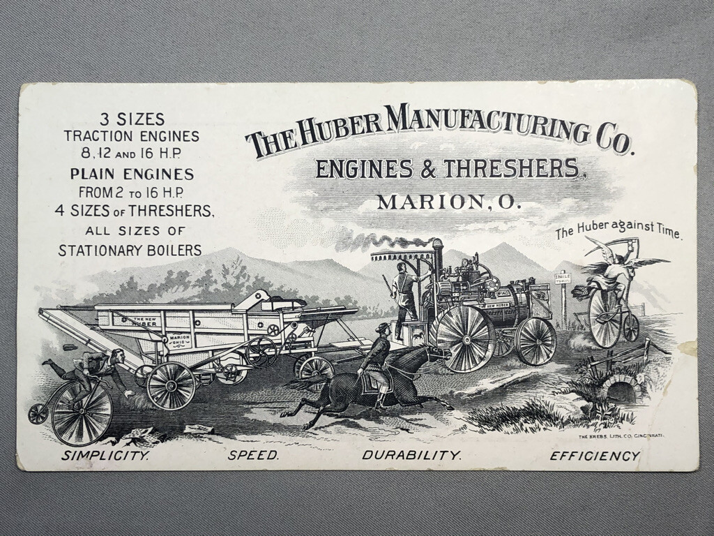 1880s HUBER Engines THRESHERS Farm Advertising ILLINOIS MAP Victorian TRADE CARD