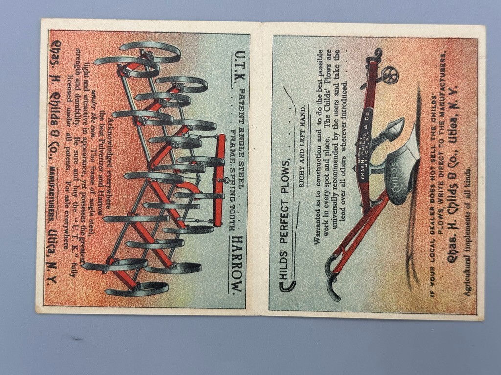 1880s CHILDS Agricultural Implement FARM Plow CARRIAGE Advertse Trade Card UTICA