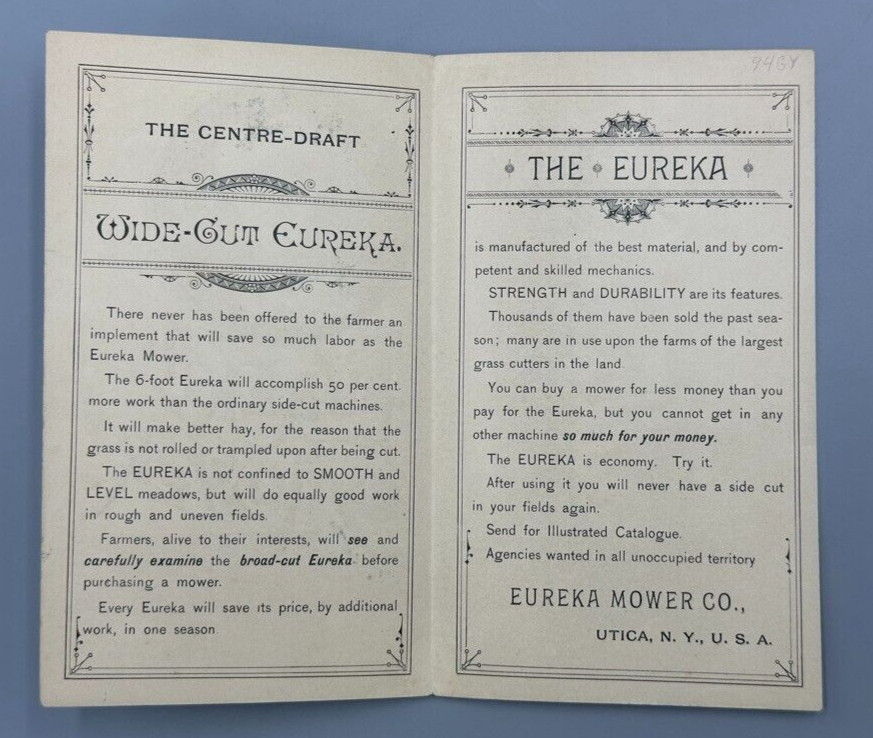 1890s EUREKA MOWER Victorian FARM Advertising Folding Trade Card UTICA NY