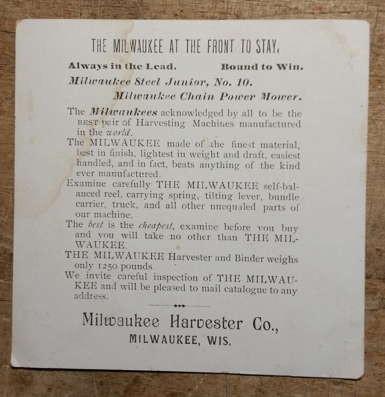 c1890s Milwaukee Harvester Co Advertising Trade Card Machine Chain Mower