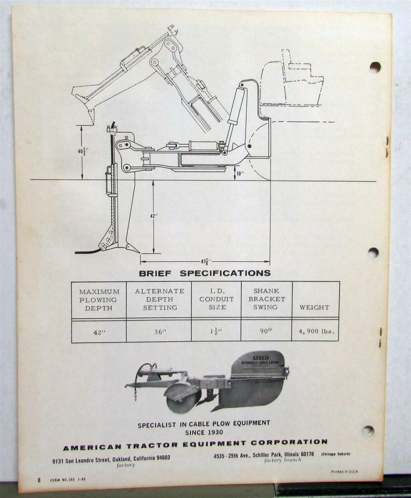 1965 ATECO Cable Laying Texas Style Tractor Construction Specs Sales Brochure