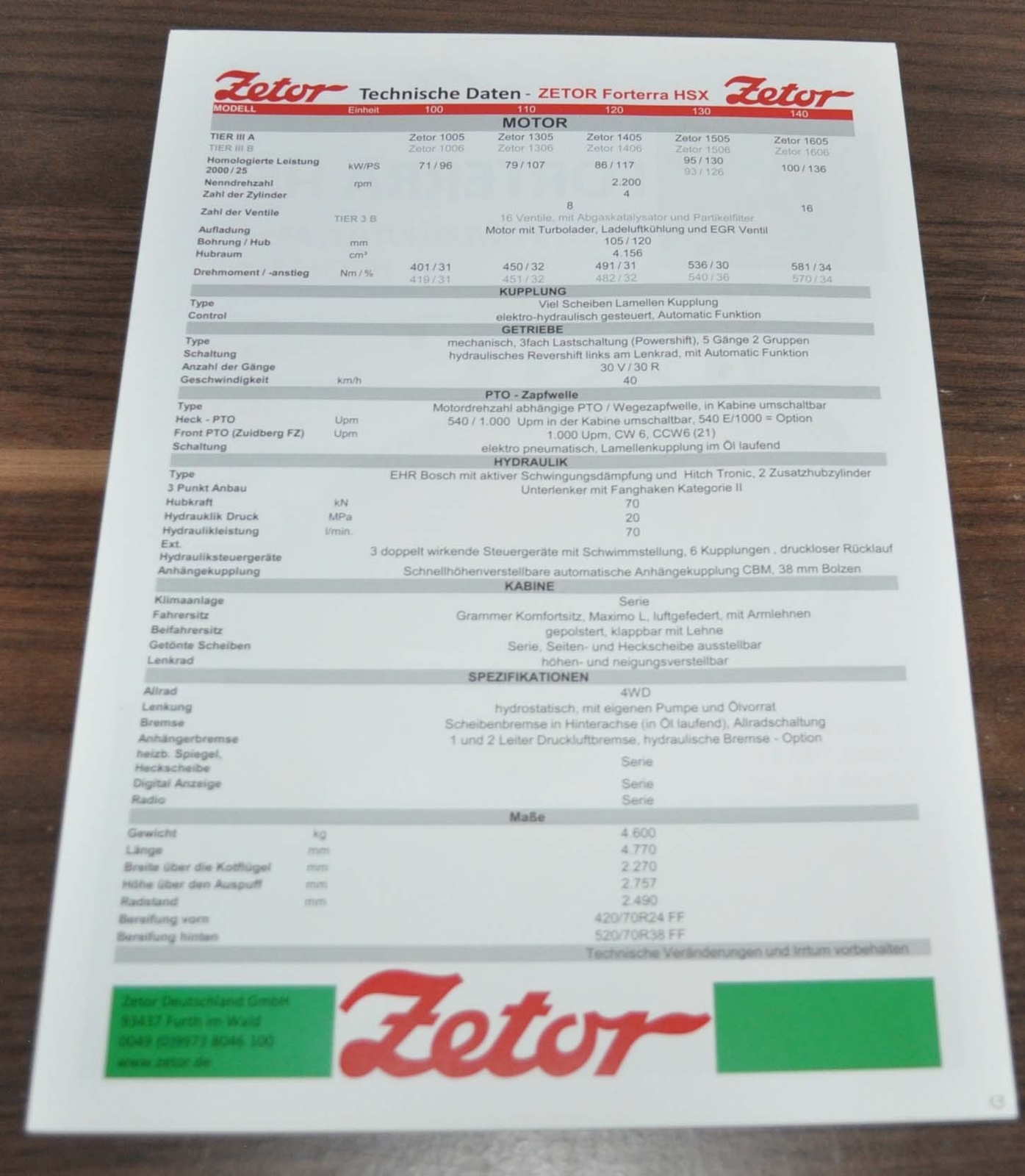 Zetor Forterra HSX Tractor Specification Brochure Prospekt