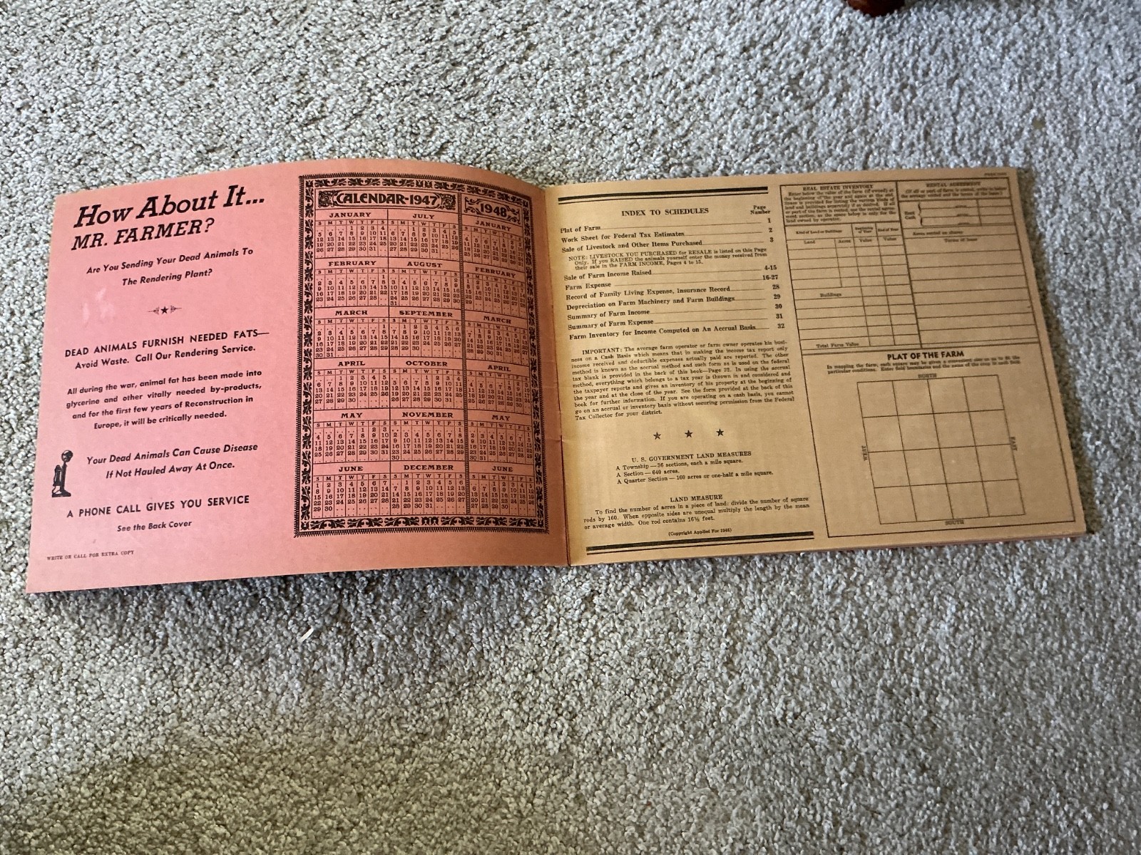 Vtg. 1947 Farm Acct. Record Book – Wayne Rendering Co. Wayne, NE.