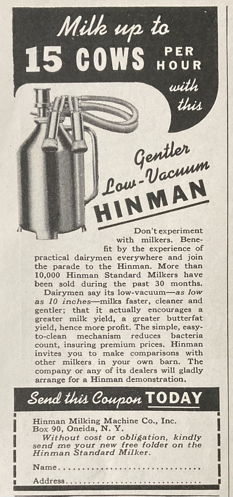 1940 AD.(XG19)~HINMAN MILKING MACHINE CO. ONEIDA, NY. HINMAN MILKERS