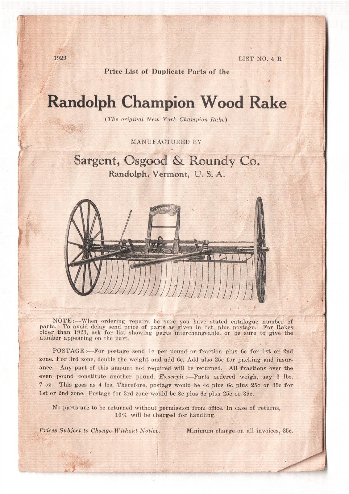 1929 Randolph Champion Wood Rake – Sargent, Osgood & Roundy Co Original Brochure