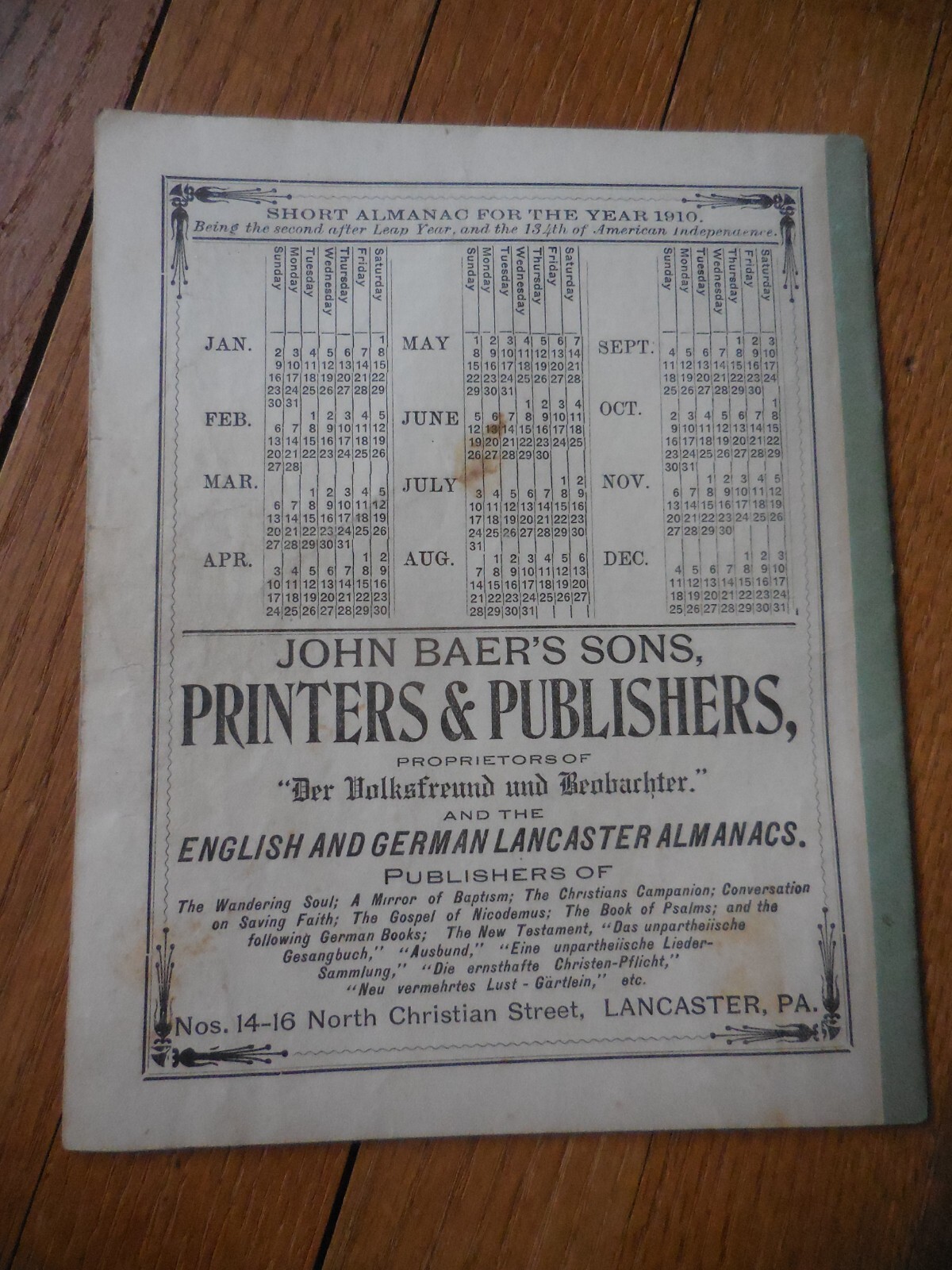 4 Vintage Agricultural Almanacs, Lancaster, PA 1906, 1908, 1909, 1910, J. Baer