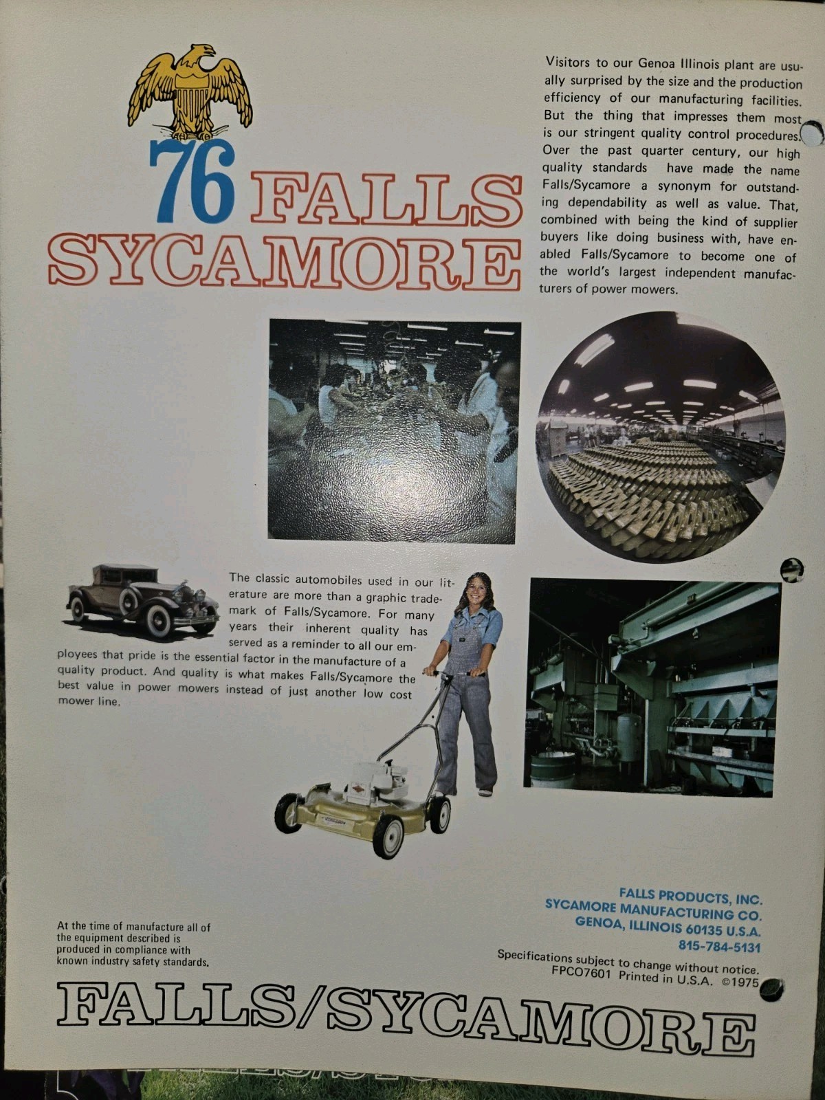 LOT OF 9 70S AND 80S FALLS SYCAMORE LAWN MOWER DEALER COLOR BROCHURES 1976-1986