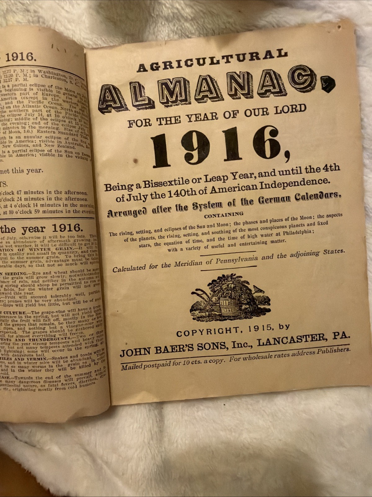 Agricultural Almanac 1916 Lancaster, Pennsylvania John Baer&rsquo;s Sons