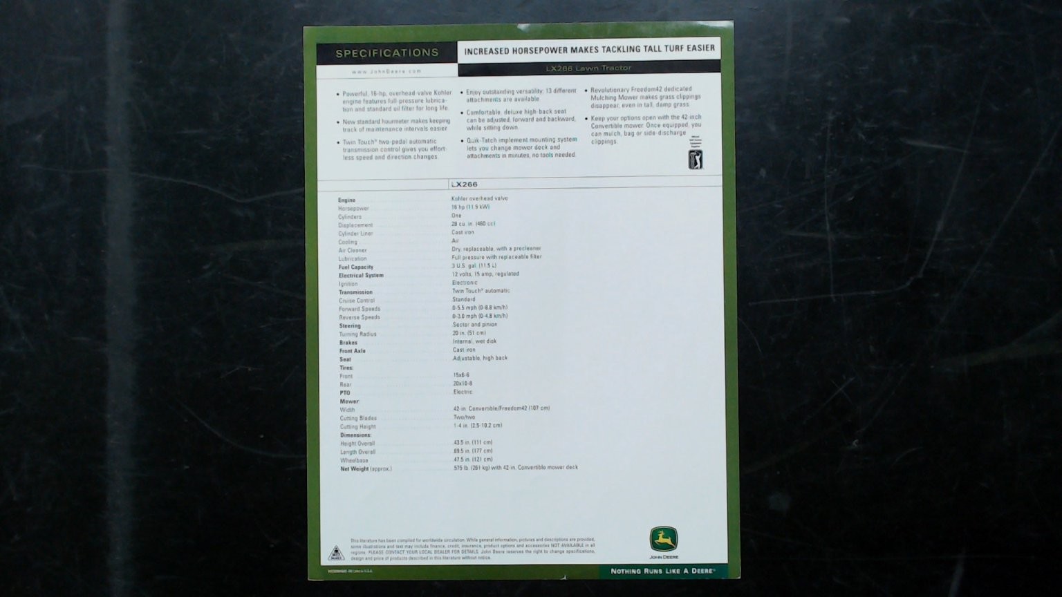 John Deere LX266 Lawn Tractor Brochure Green Yellow Vintage