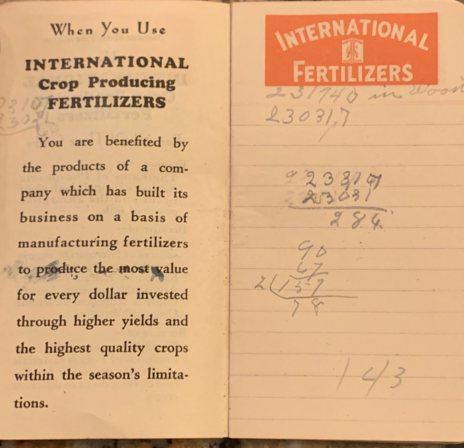 1939 international agricultural fertilizers notebook by 5.25” x 3”