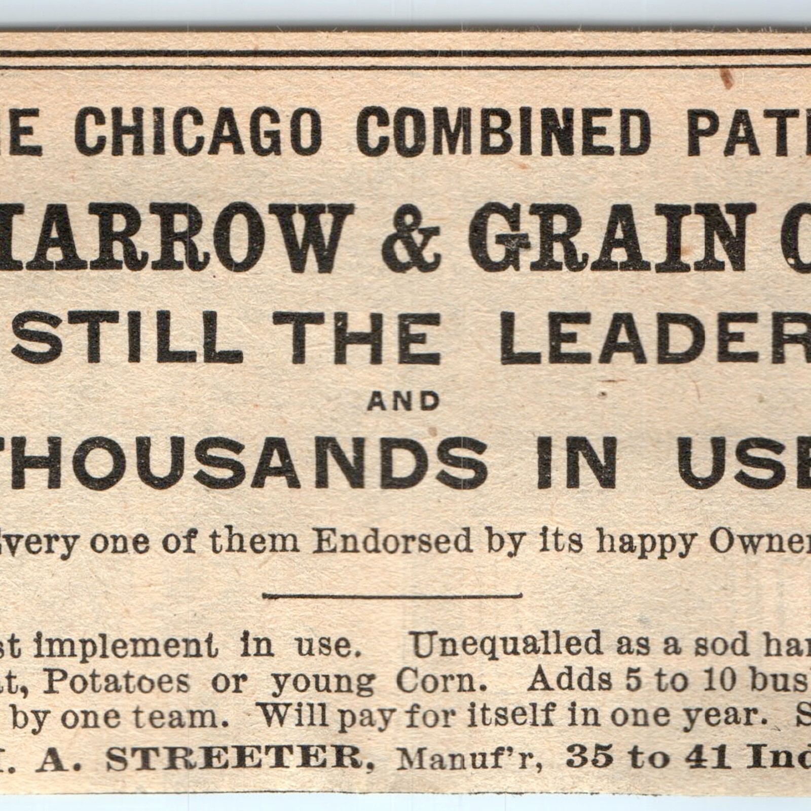 Vtg 1891 H.A. Streeter Chicago IL Flexible Harrow Cultivator Print Ad Farm Tool