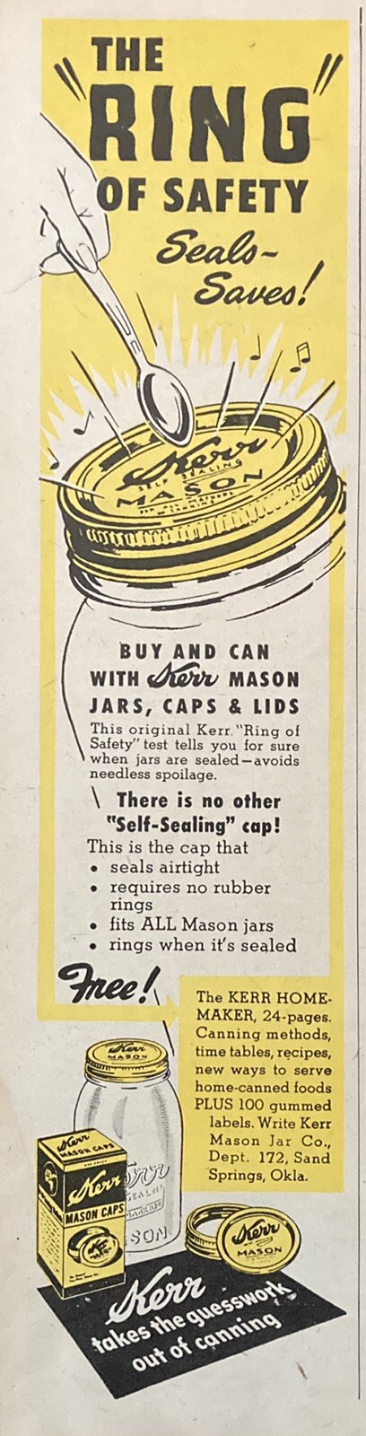 1946 AD.(XH14)~KERR MASON JAR CO. SAND SPRINGS, OK. KERR MASON JARS, CAPS & LIDS