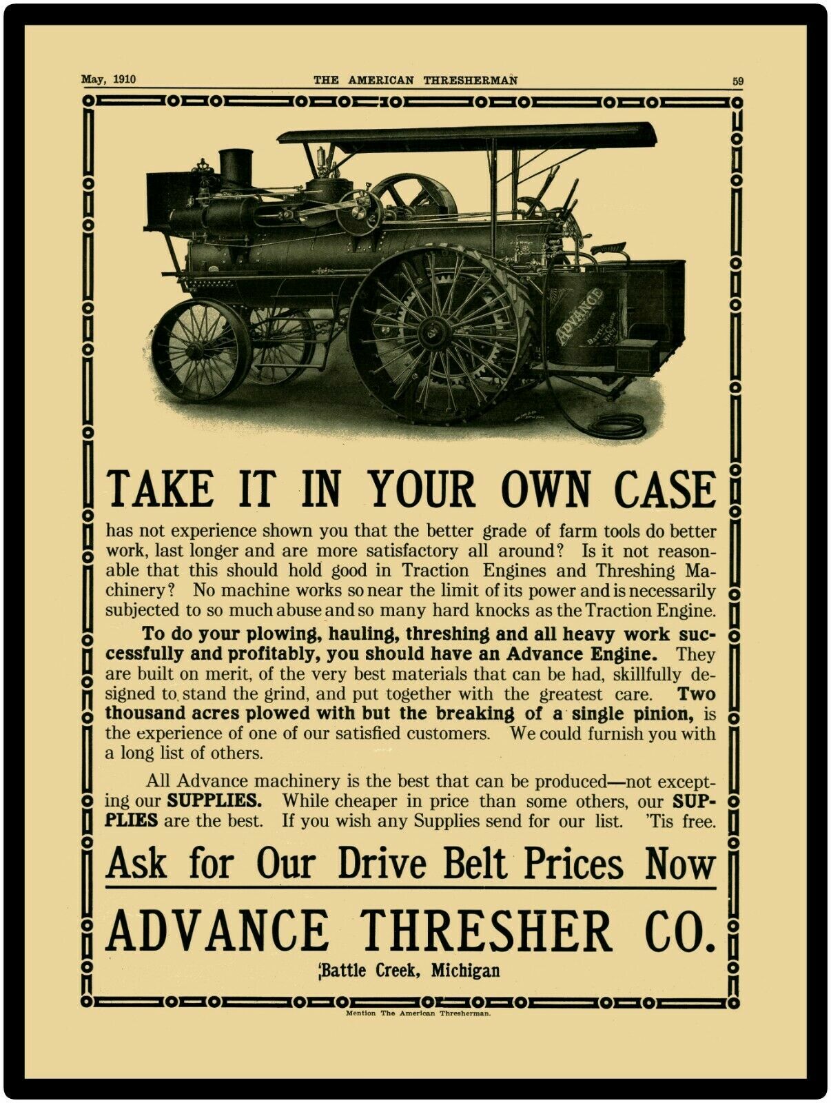 1910 Advance Thresher Co. Battle Creek, MI New Metal Sign: LARGE SIZE 12 X 16