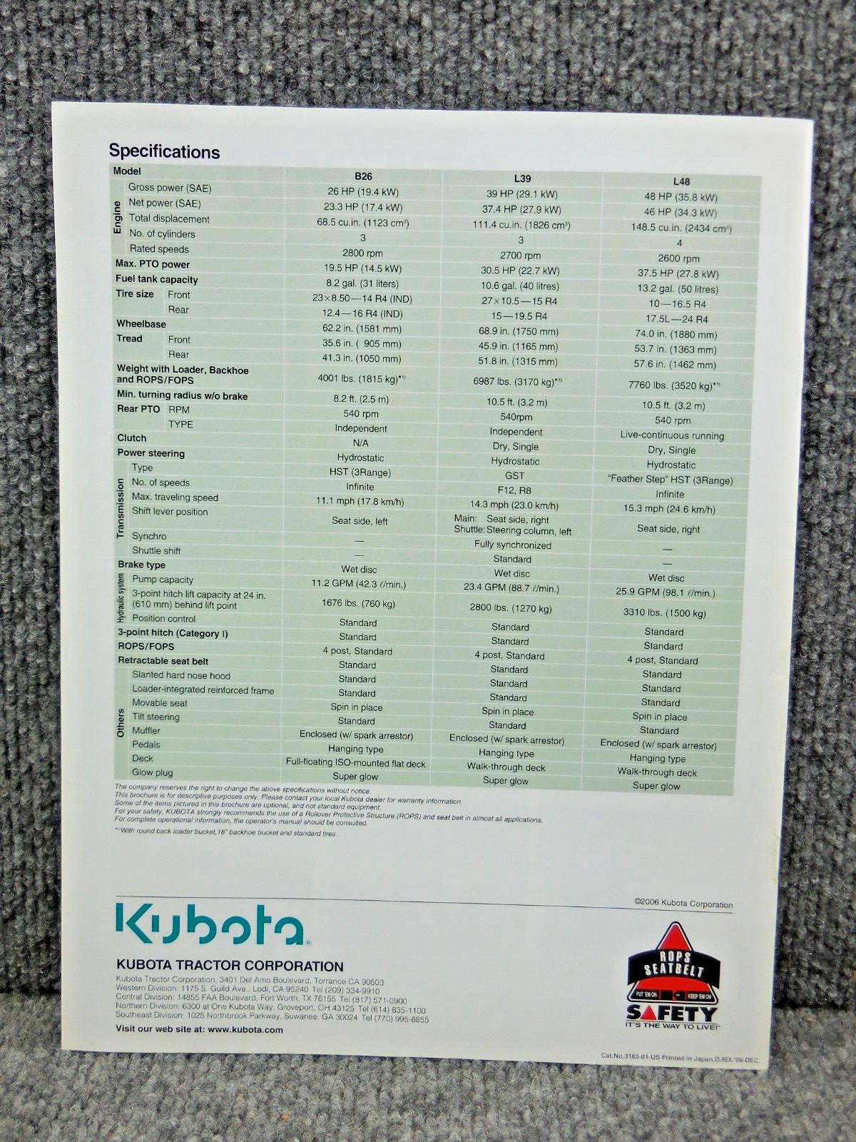 Original Factory Kubota B26 L39 L48 Backhoe Loader Tractor Dealership Brochure