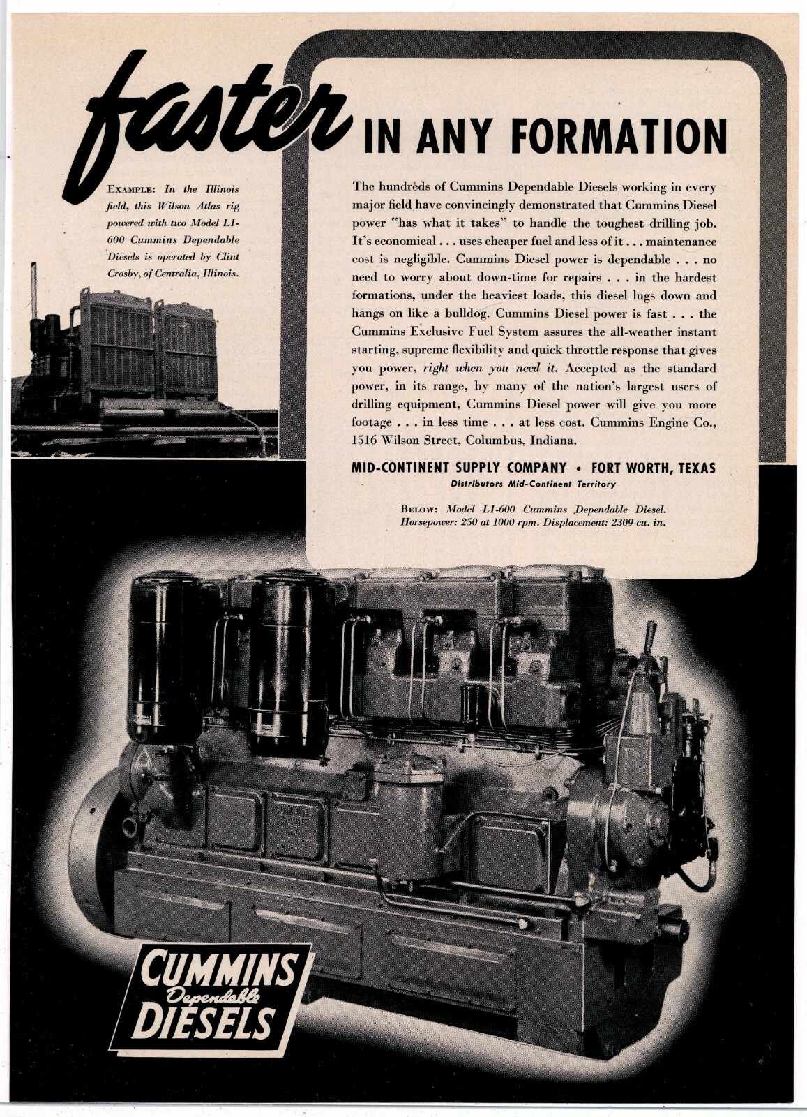 1940 Cummins Engines Ad: Model LI-600 Wilson Atlas Oil Field Engine in Illinois