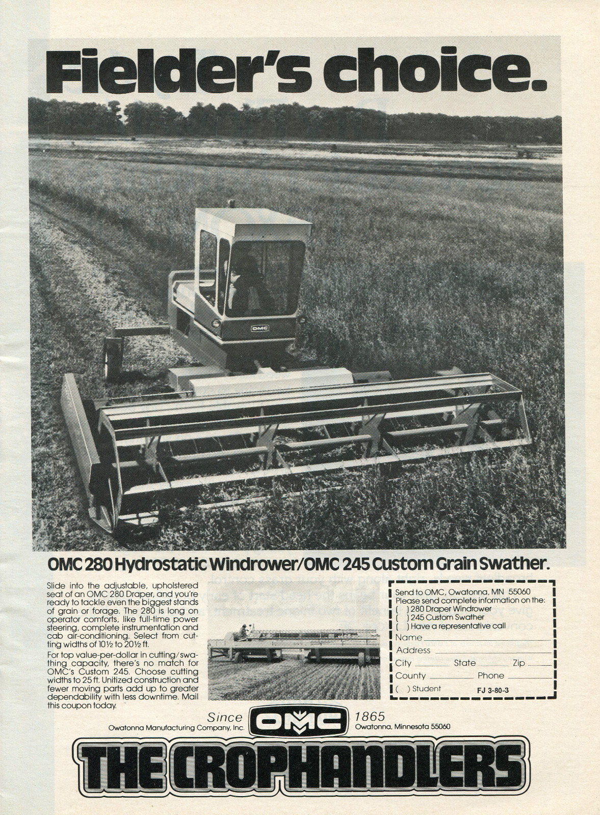 1980 Print Ad of OMC Owatonna Manufacturing Company 280 Draper Windrower Tractor
