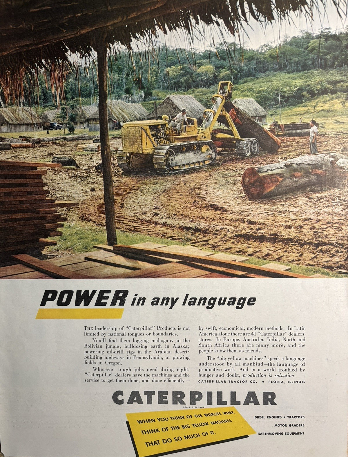 1950 Caterpillar Diesel Tractor Power Language Big Yellow Machines VTG Print Ad