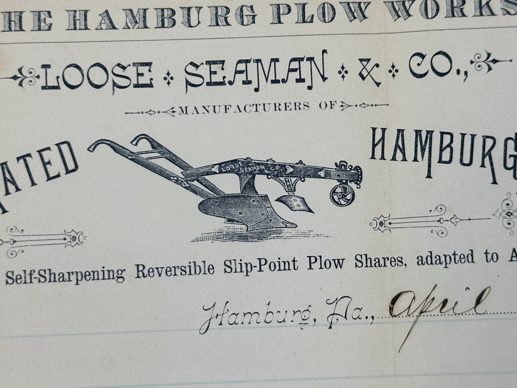 1887 HAMBURG PLOW WORKS Loose Seaman FARM Advertising Illus Letter Pennsylvania