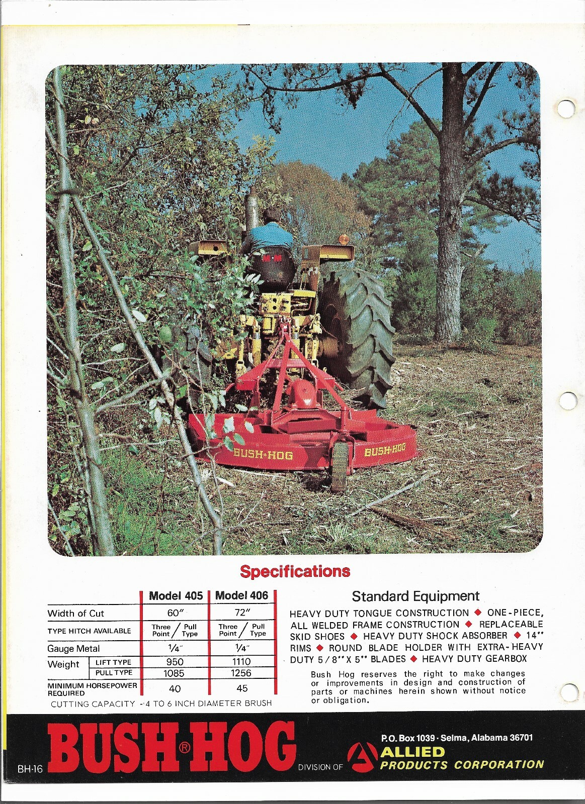 Original Bush Hog Models 405 406 Heavy Duty Rotary Cutter Sales Brochure # BH-16