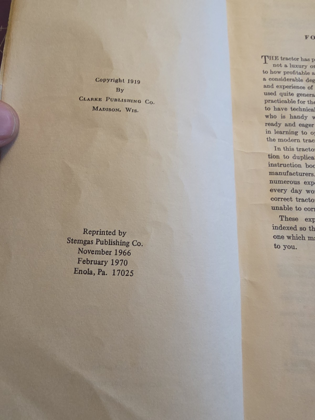 1919 Tractor Operating Book & Directory C De Sparks 1970 Reprint