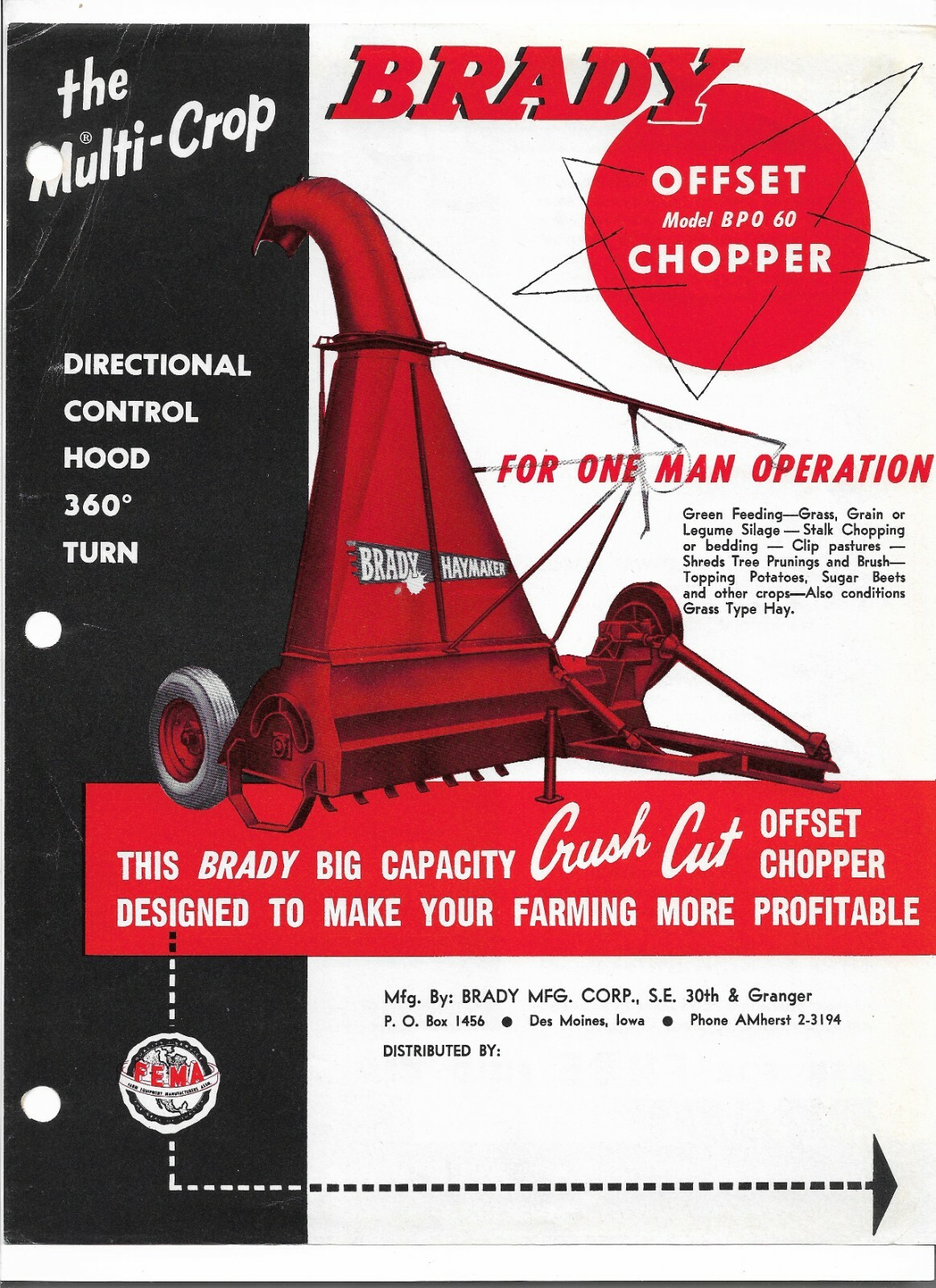 Original OEM Brady Multi-Crop Model BPO60 Offset Chopper Sales Brochure Form 11O