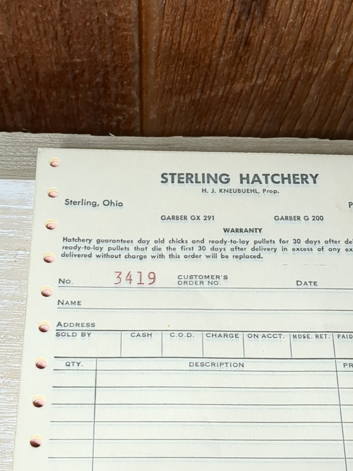 Sterling Hatchery Wayne County Ohio Kneubuehl Area Code 216 Receipts Invoice NOS