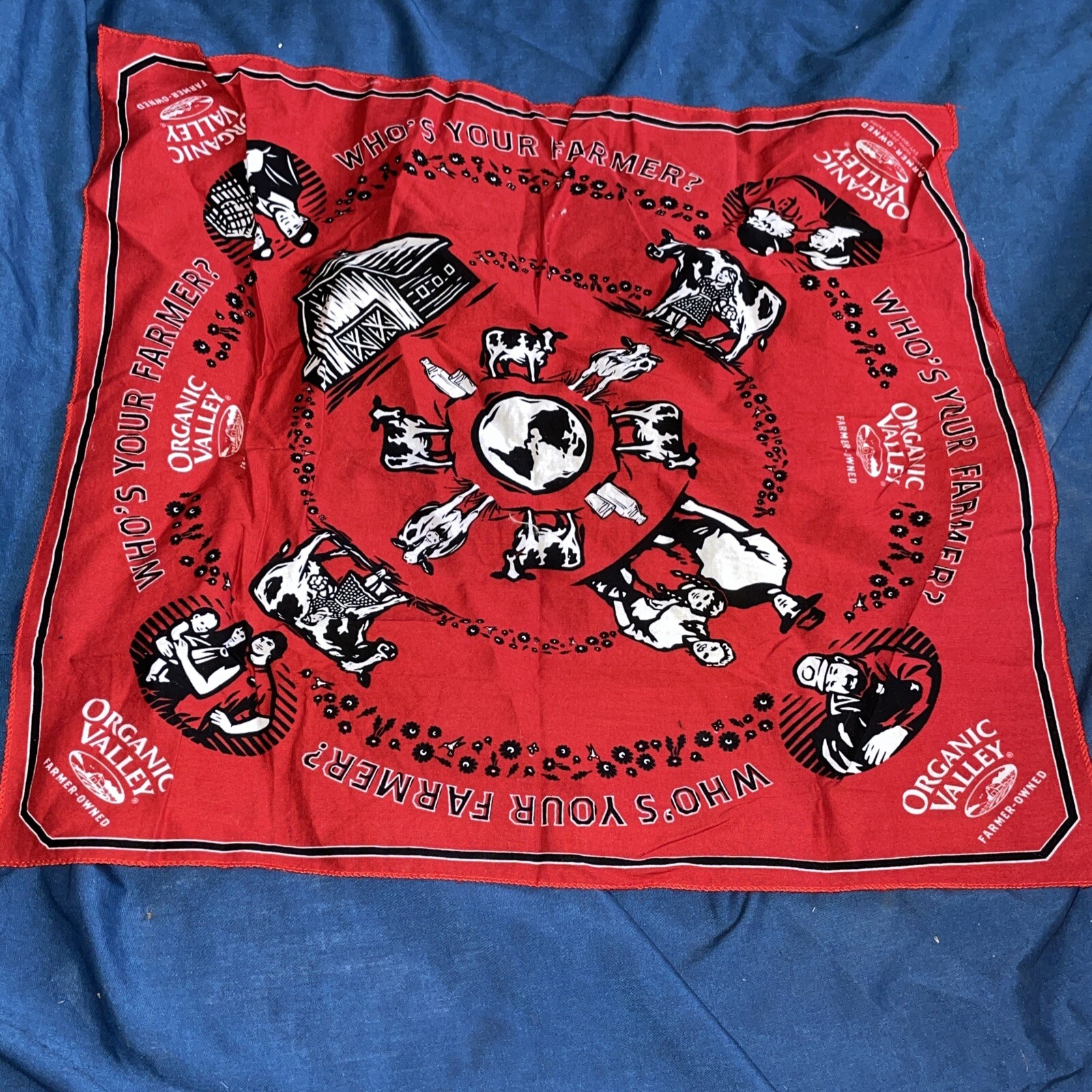 Organic Valley Red Bandana Scarf Handkerchief 20×20 Cows Chickens 100% Cotton