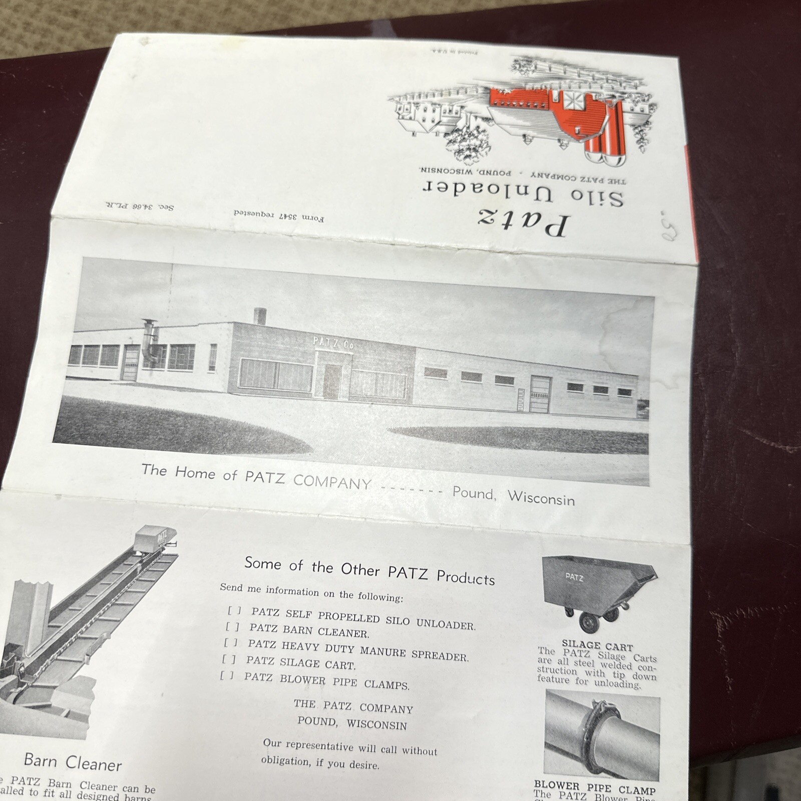 Vintage Patz Silo Unloader Advertising Mailer Farming Equipment Wisconsin