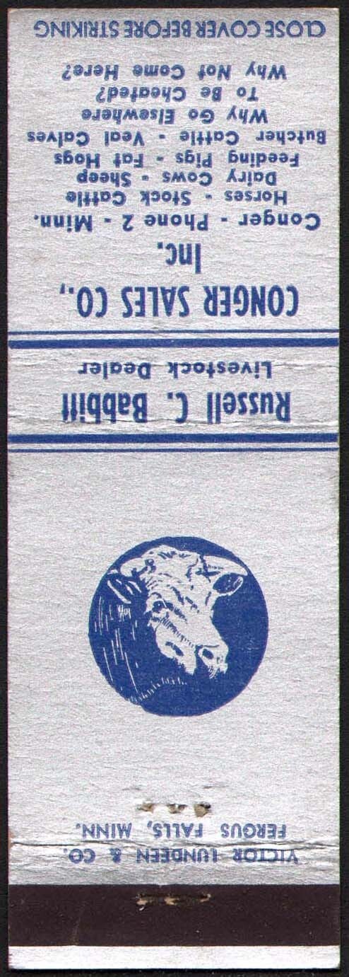Vintage matchbook cover CONGER SALES CO cow pictured Conger Minnesota unstruck