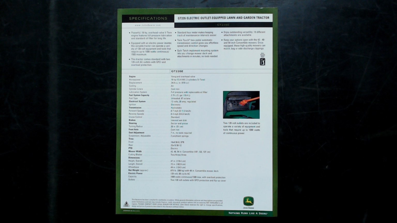 John Deere GT235E Lawn Garden Tractor Brochure Specs 1990s Green