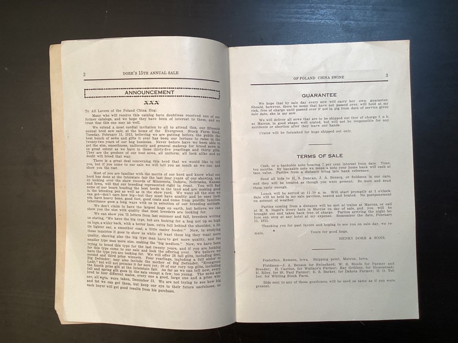 1913 Poland China Sows Sale Catalogue, Henry Dorr, Marcus IA