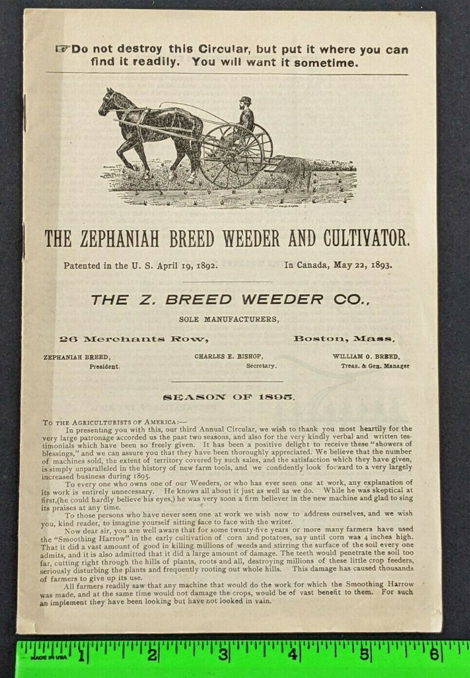 Vintage 1895 Zephaniah Breed Weeder Cultivator Graphic 15 Pg Advertising Booklet