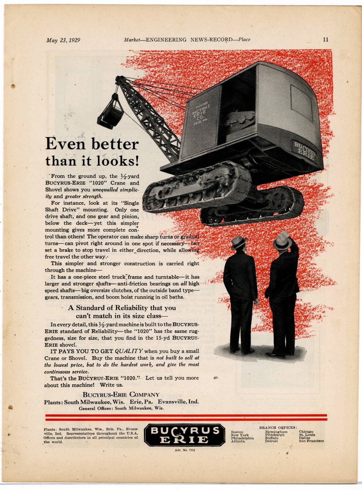1929 Bucyrus Erie Equipment Ad: BE 1020 1/2 Yard Crane & Shovel – Milwaukee, WI