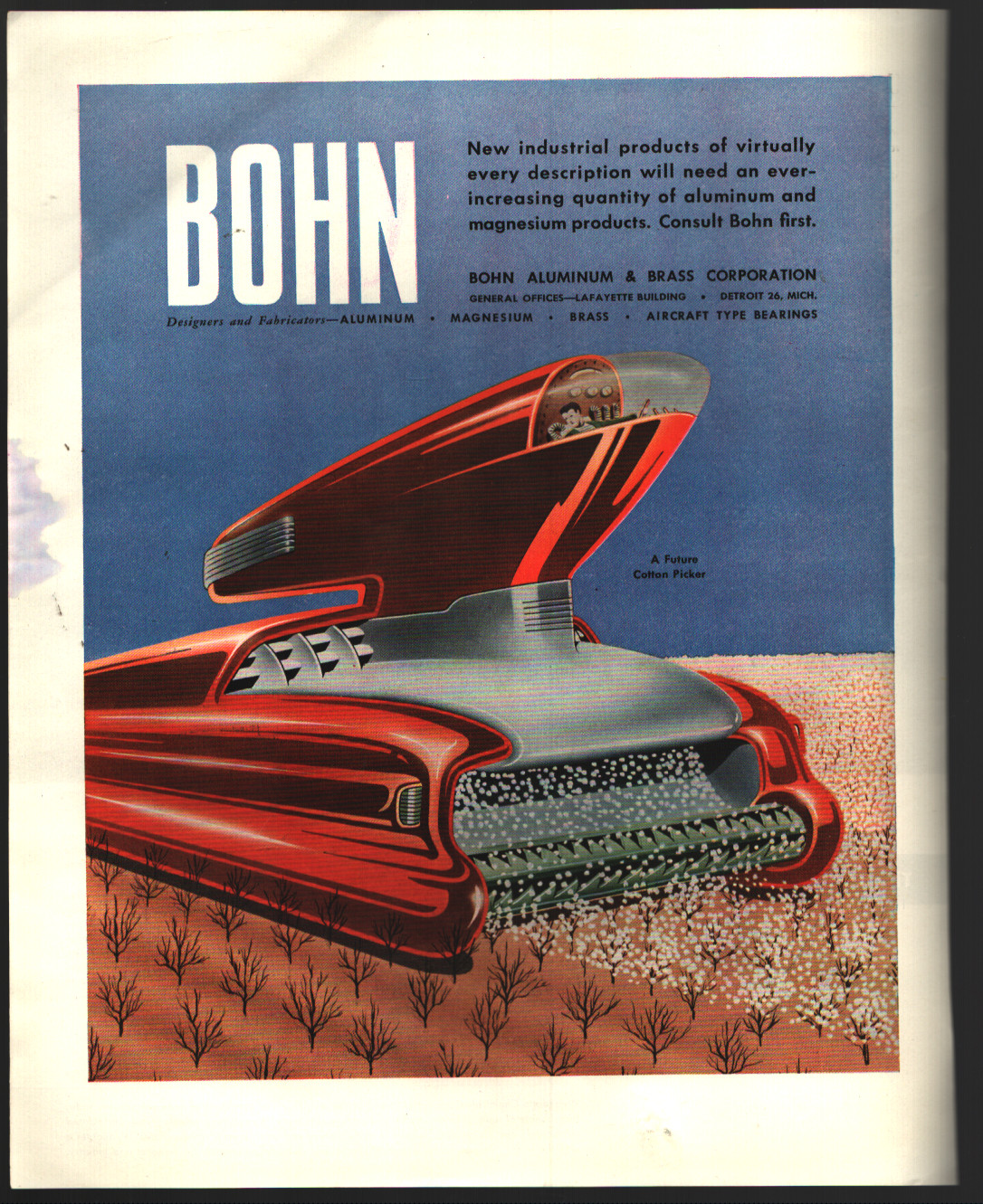 1948 streamlined Future Cotton Picker art BOHN Aluminum vtg print ad