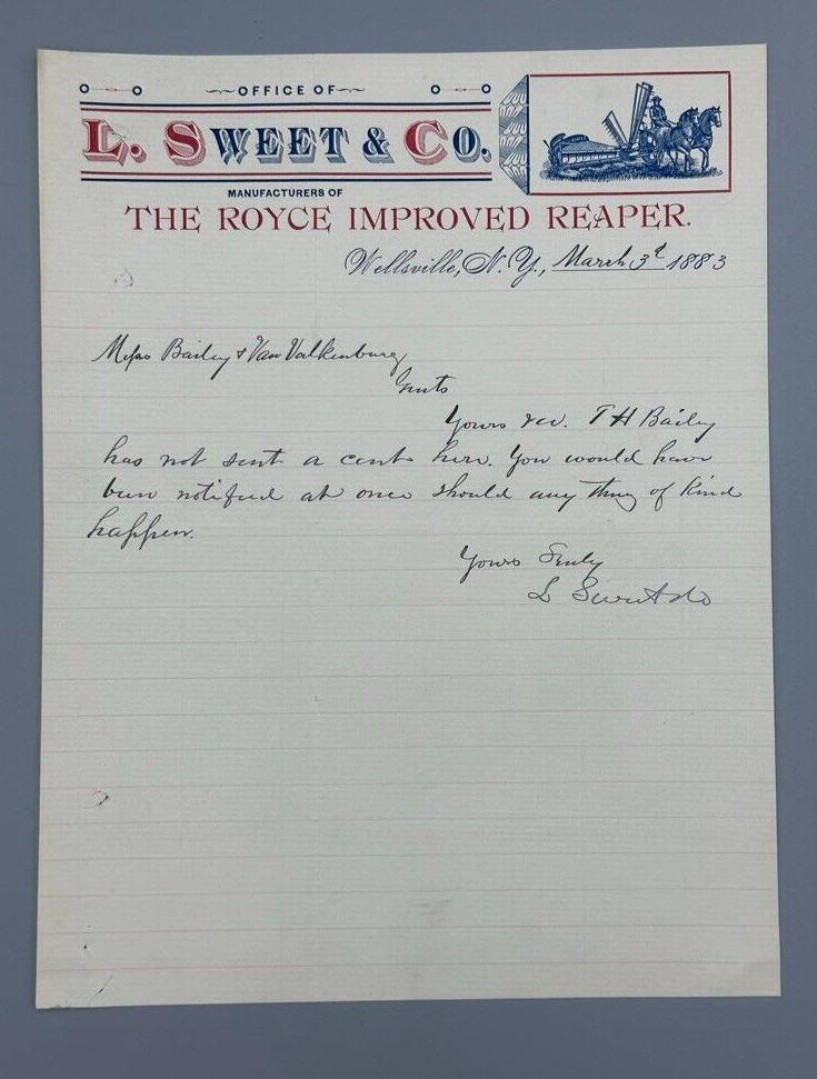 1883 ROYCE REAPER L Sweet Co FARM Advertising WELLSVILLE NY Antique Letterhead